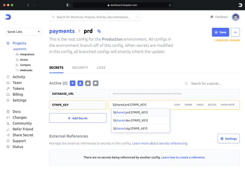 Doppler SecretOps Platform dashboard sample