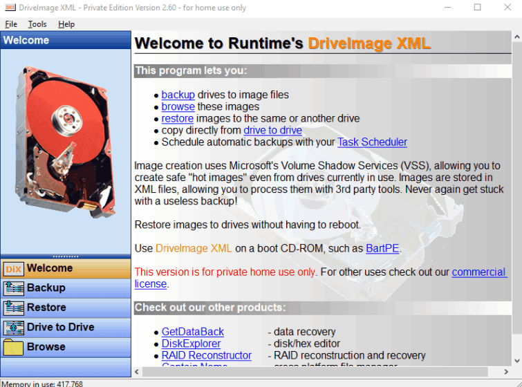 DriveImage XML screen overview