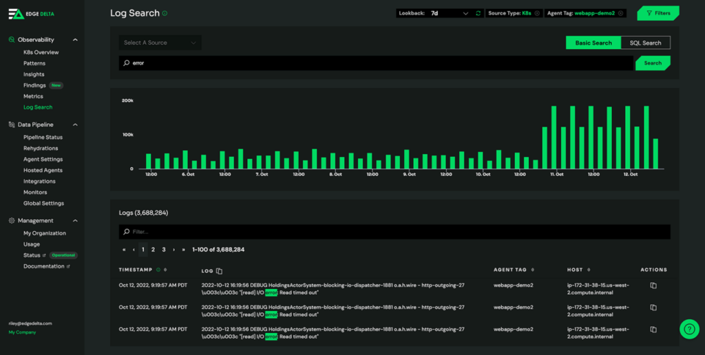 A photo focused on the log search tab of the tool Edge Delta.