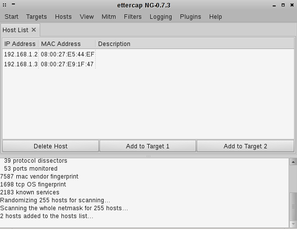 A photo focused on the host list tab of Ettercap packet sniffer tool.