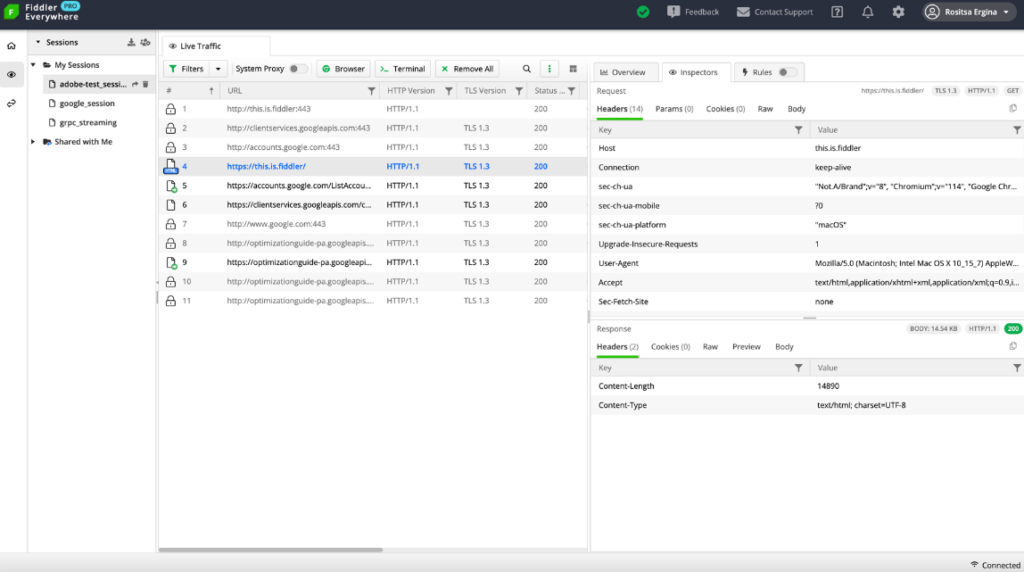 Session's live traffic overview from the Fiddler platform