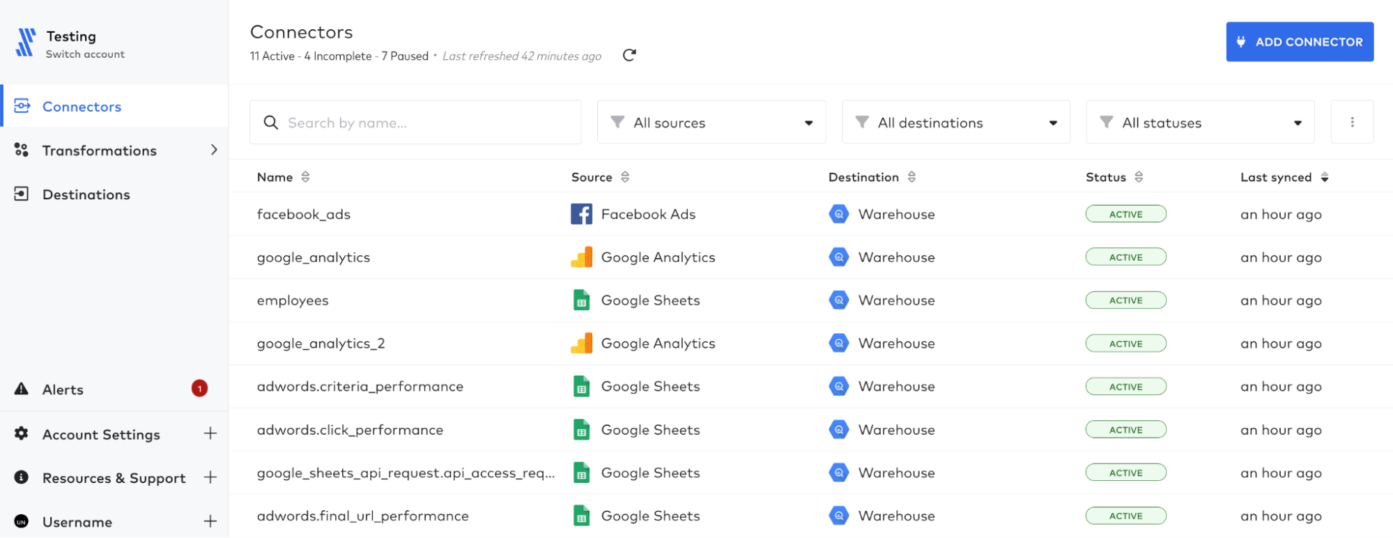 A list of data connectors from Fivetran's data warehouse software