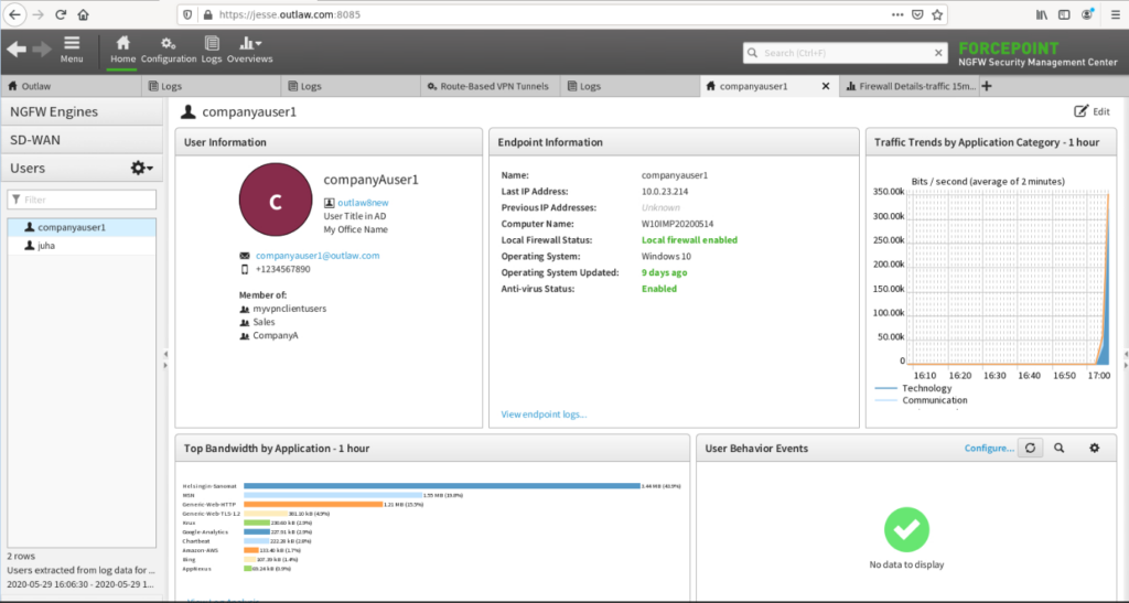 ForcePoint NGFW user and endpoint monitoring view