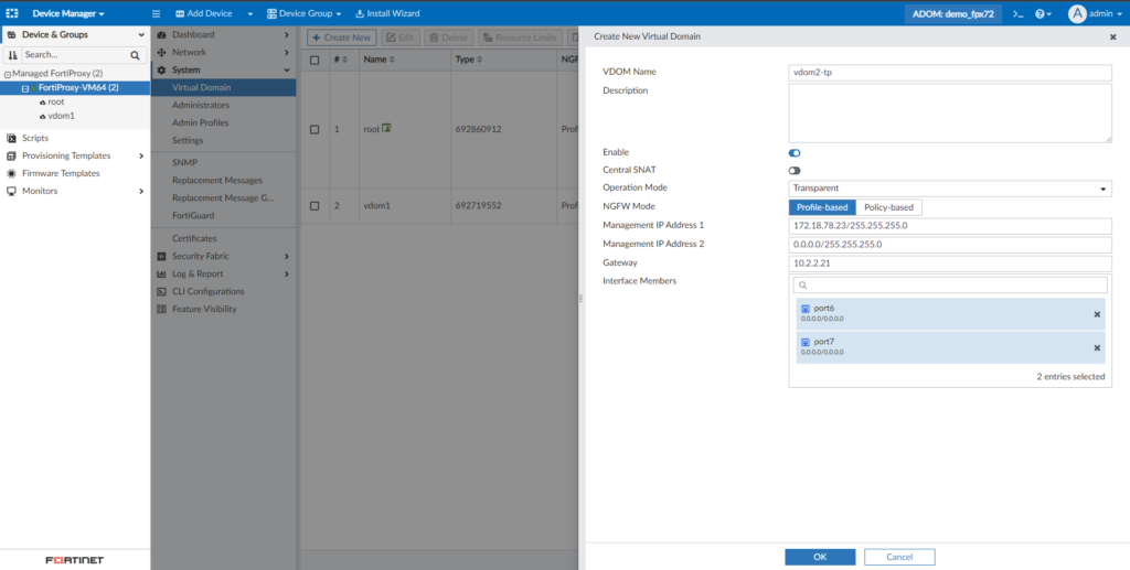 Process of creating a new virtual domain in Fortinet FortiProxy secure web gateway