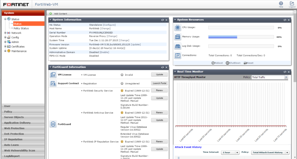 Fortinet FortiWeb system status dashboard