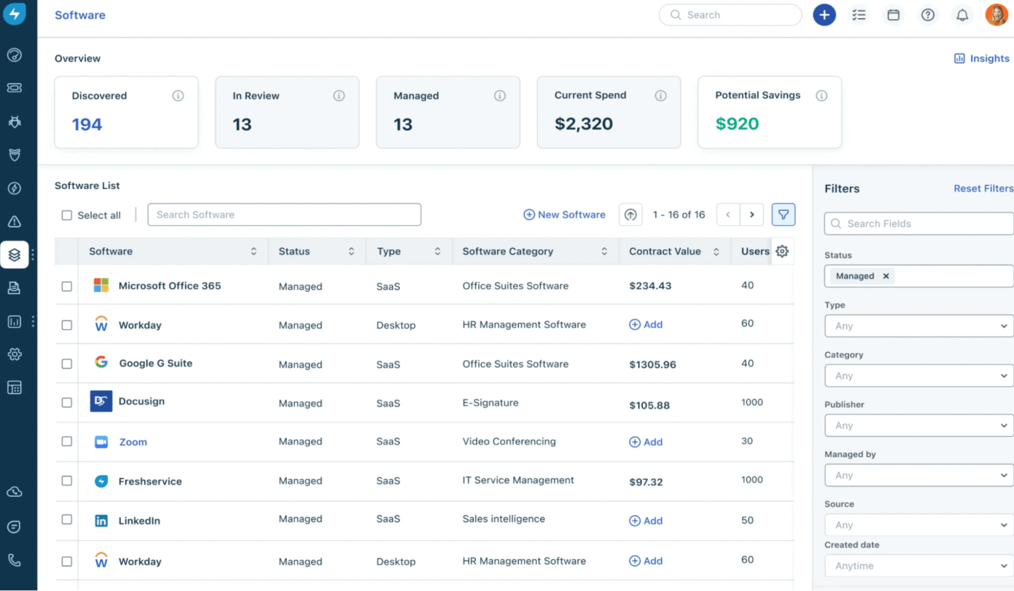 Freshservice's IT inventory management software showing a list of all applications