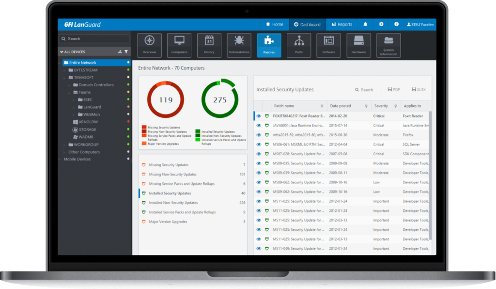 GFI LanGuard's main dashboard console