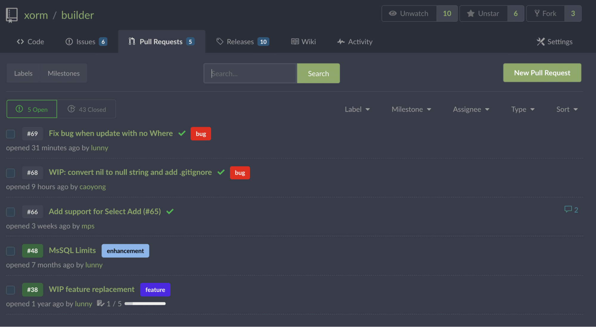 Code review tool Gitea's pull request dashboard