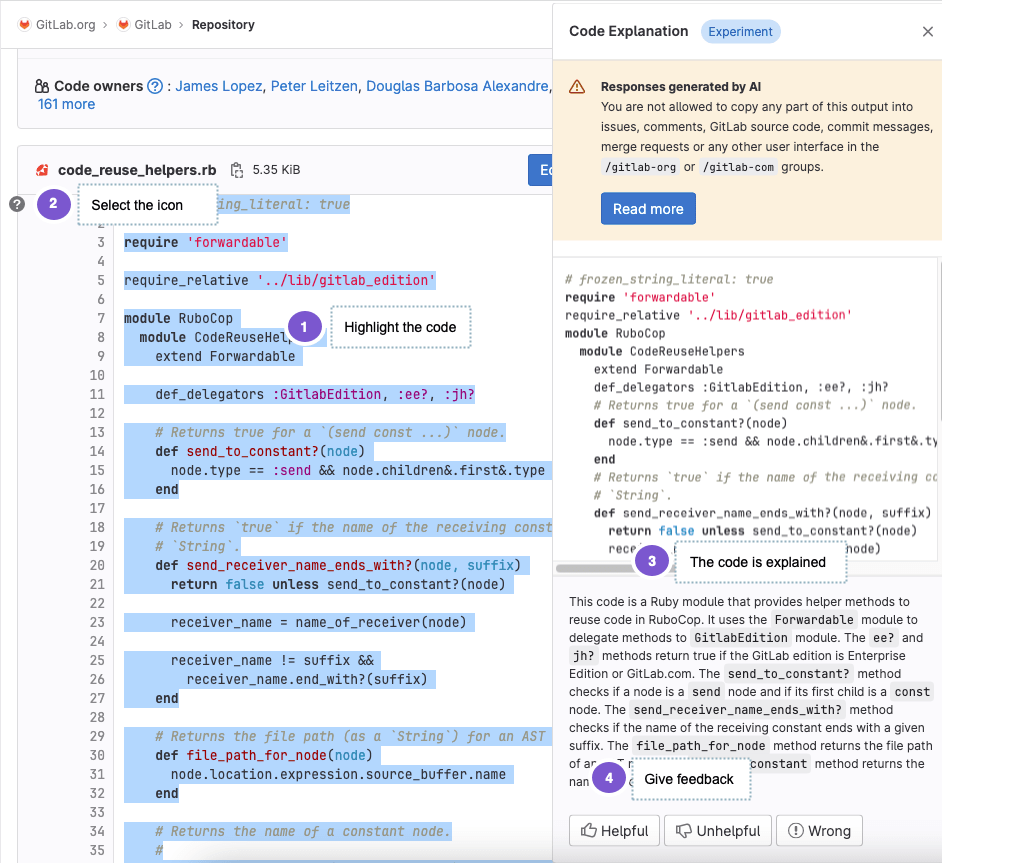 GitLab review screenshot showing selected code explanation.