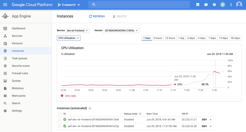 A photo focused on the dashboard of Google App Engine dashboard.
