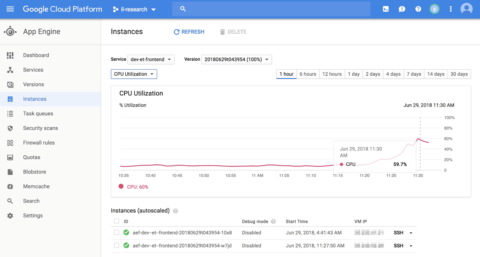 Google App Engine PaaS services dashboard