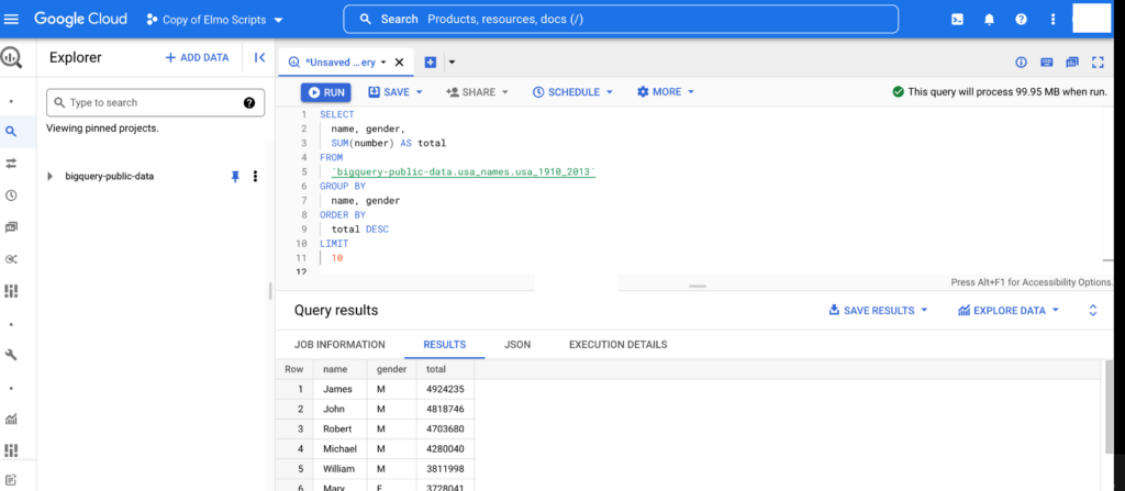 Google Cloud BigQuery Big Data Analytics Software interface