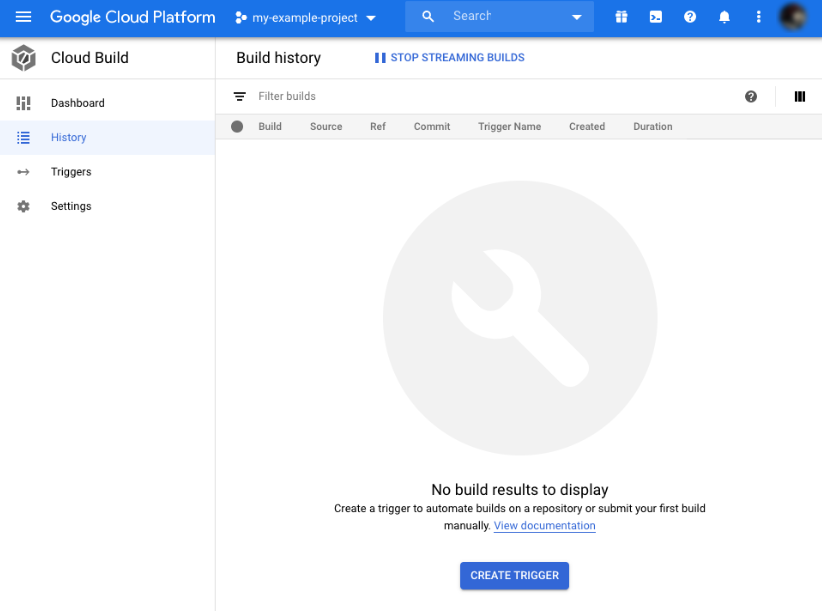 Google Cloud Build history overview