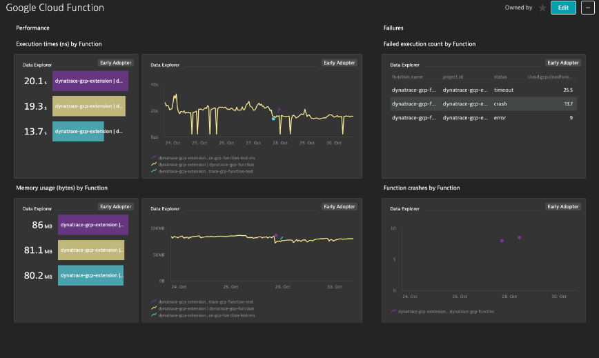 View of performance analytics inside Google Cloud Functions, a PaaS software
