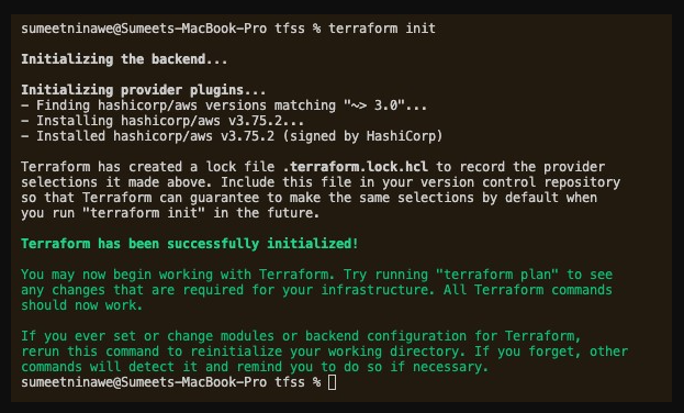 Terminal output of the successful initiation of Terraform build automation software