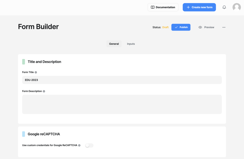 A screenshot of the form builder feature for Headlessforms.