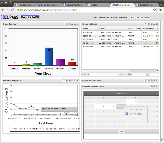 Dashboard screenshot of Heirloom Computing PaaS Service