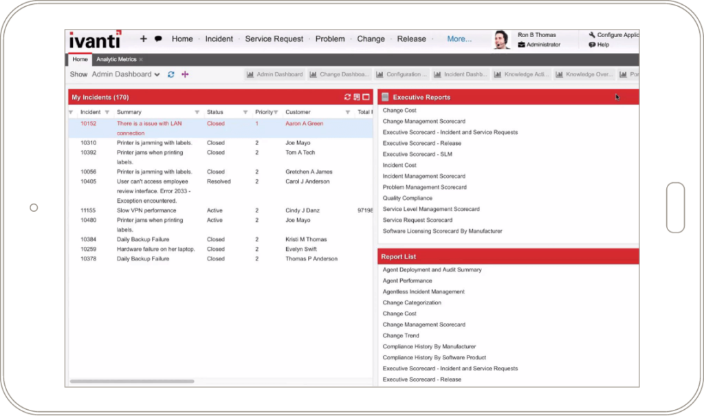 A screenshot of the home page of the tool Ivanti Service Management.