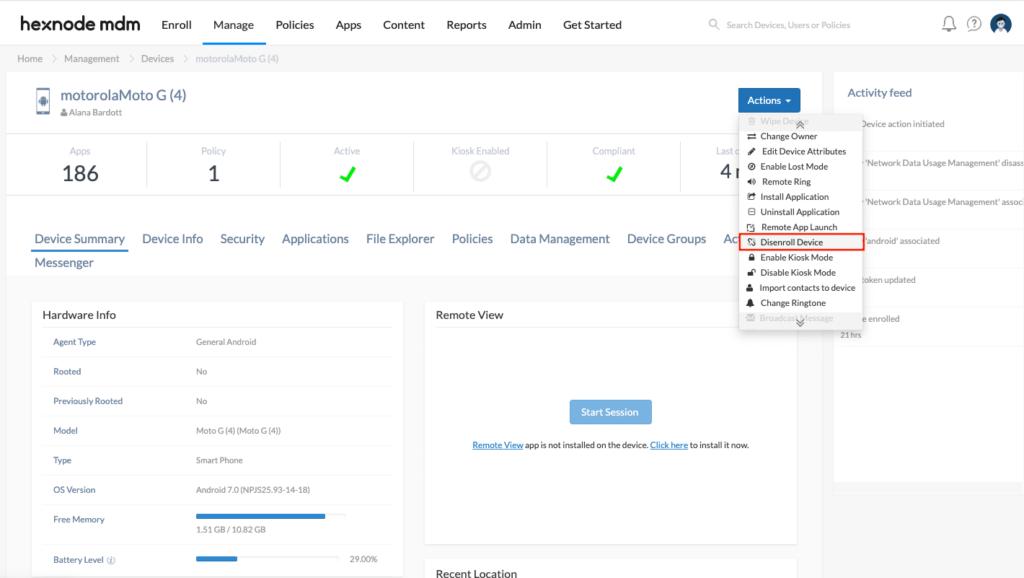 Hexnode's dashboard for disenrolling a device from Hexnode portal