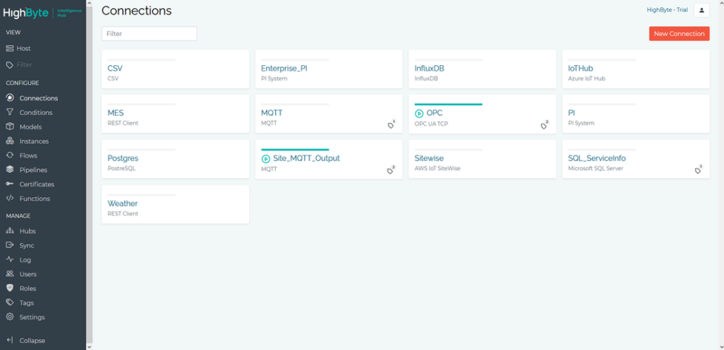 Connections tab for the HighByte DataOps tool