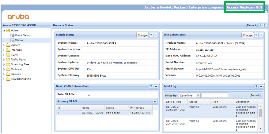 Aruba software switch status dashboard