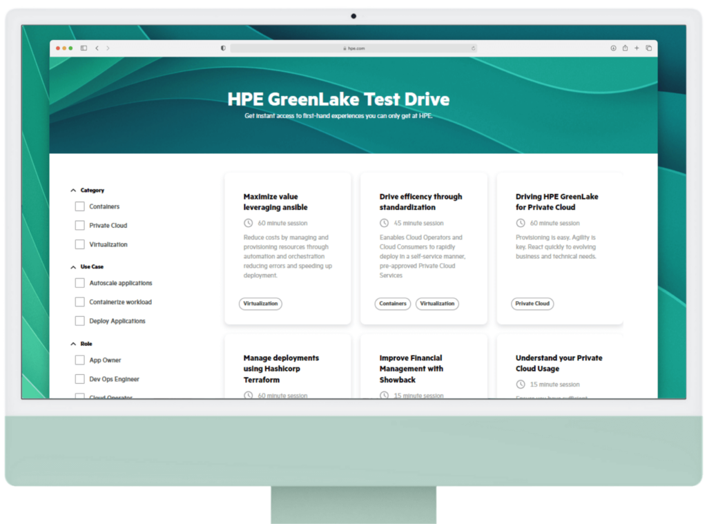 Desktop view for the main interface of HPE GreenLake