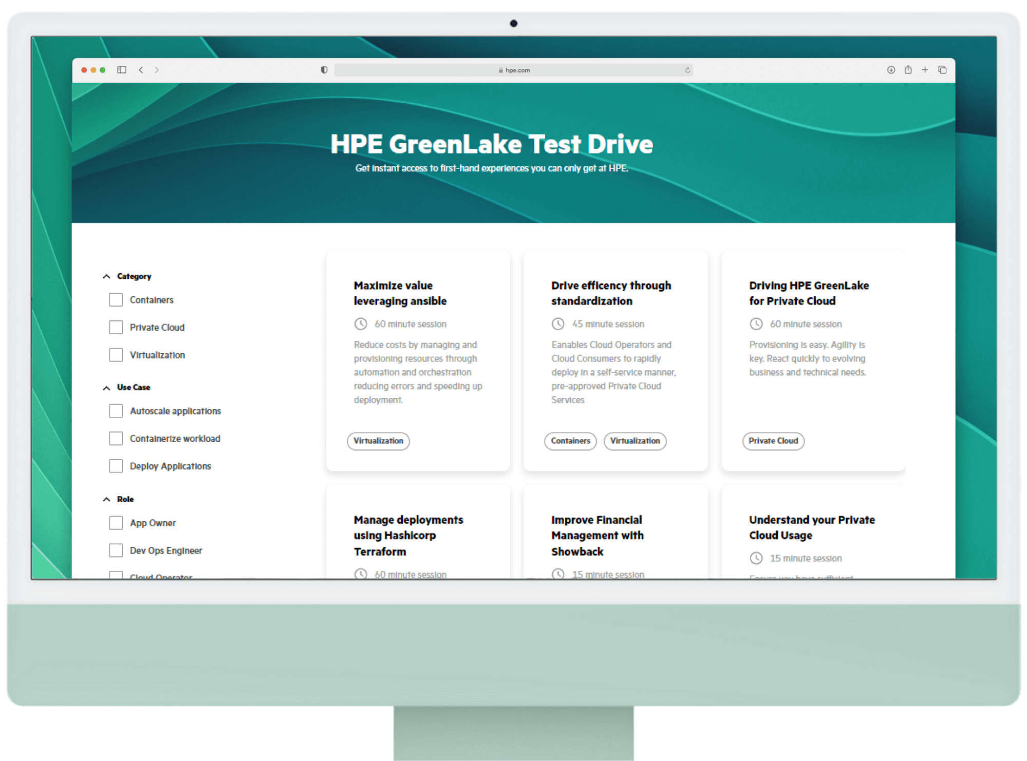 A list of various private cloud services available on HPE Greenlake
