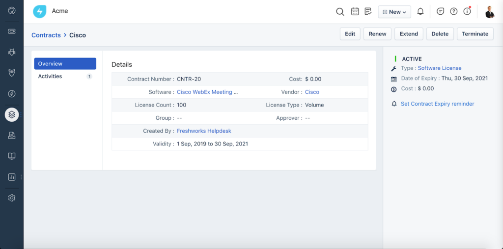 Freshservice license management software interface