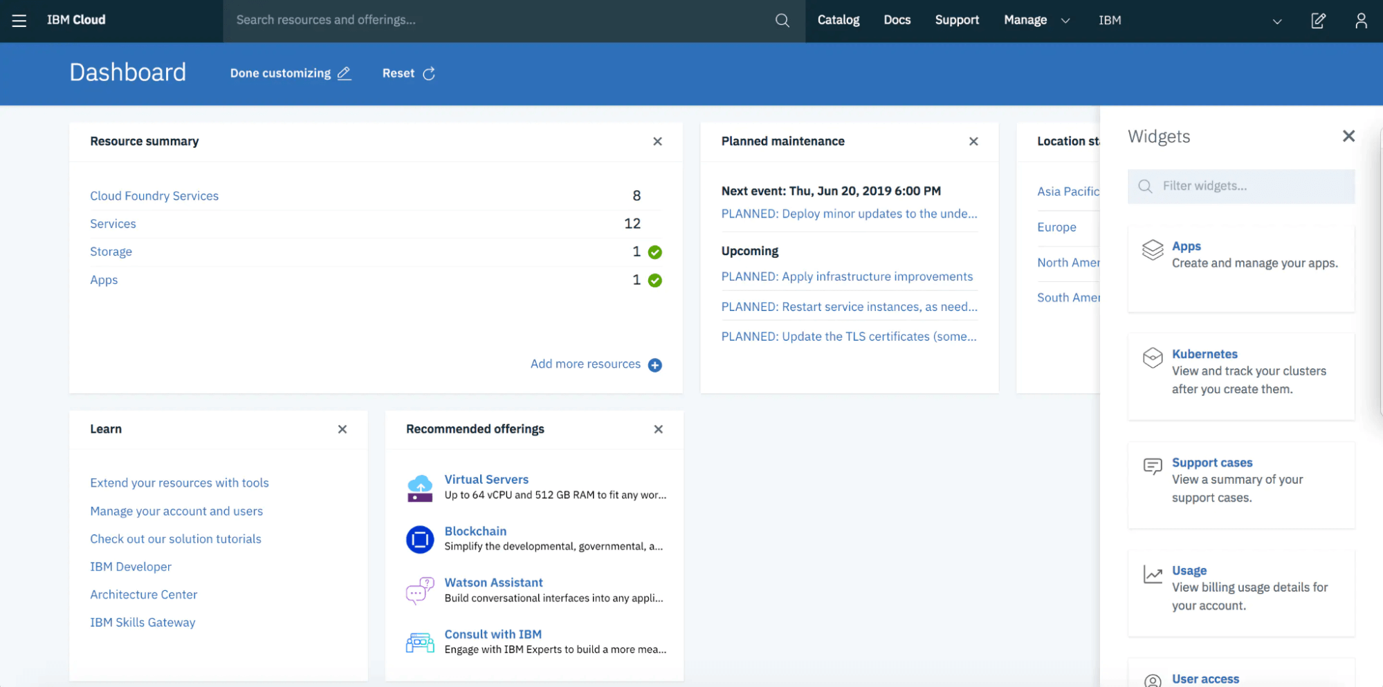 A screenshot of the dashboard for IBM Cloud