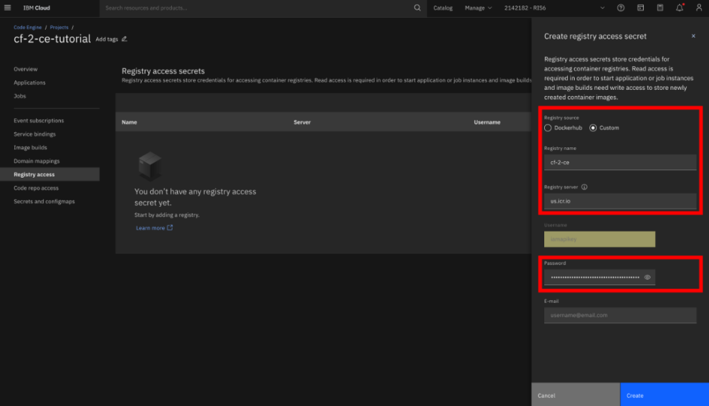 IBM Cloud Foundry registry access creation
