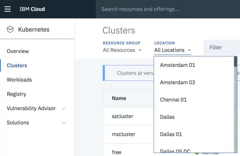 IBM Cloud Kubernetes Service containerization software screenshot of cluster management