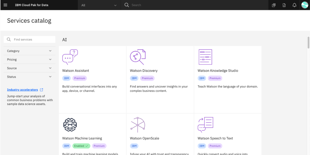 BM Cloud Pak for Data's services catalog
