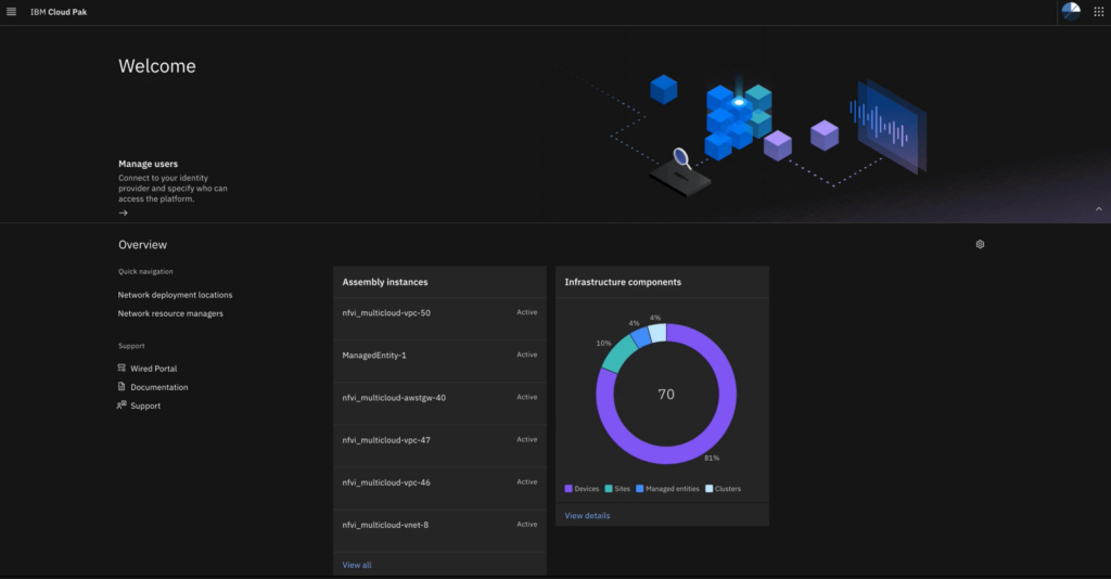 welcome page of IBM Cloud Pak for Network Automation network automation software