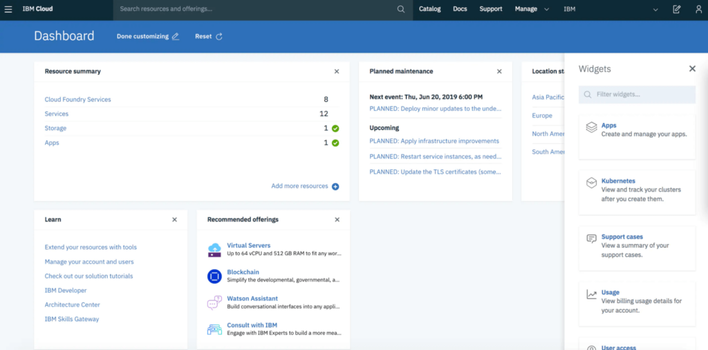A photo focused on the dashboard of IBM Cloud.