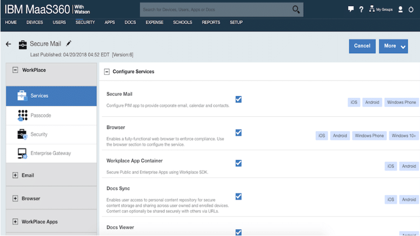 IBM MaaS360 container policy configuration
