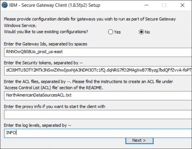 Installation configuration of the tool IBM Secure Gateway Service