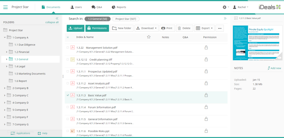 iDeals Virtual Data Rooms documents menu
