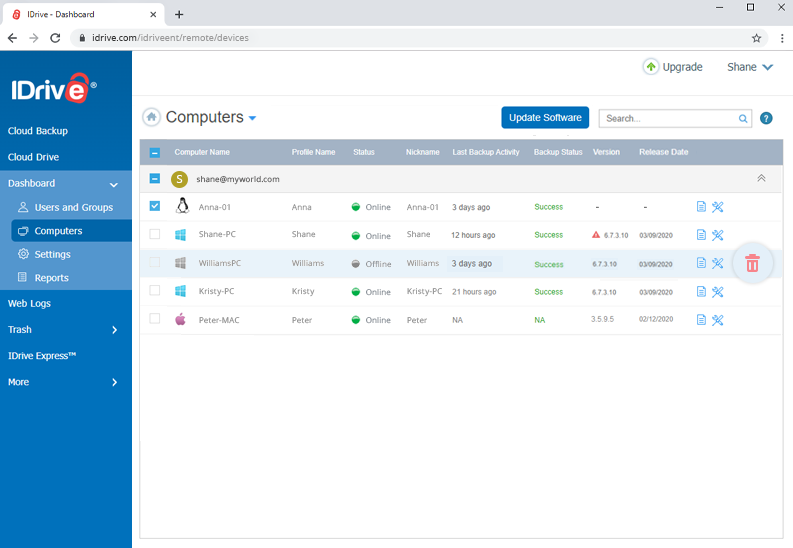 Computer list tab from IDrive Backup software