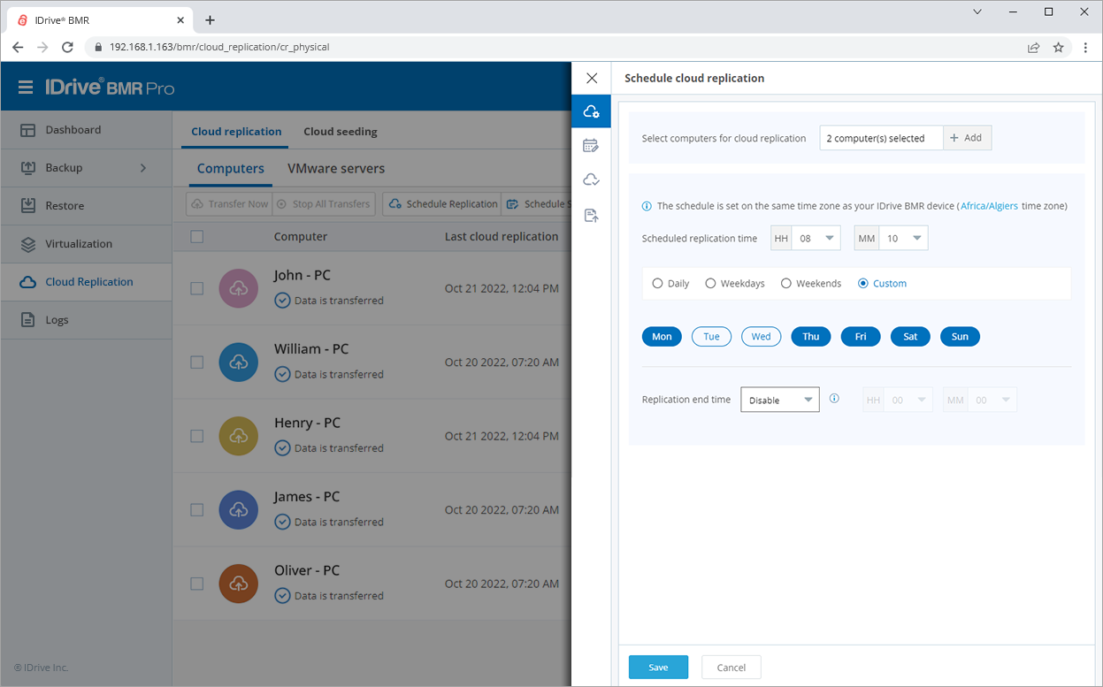 Scheduling cloud replication within IDrive