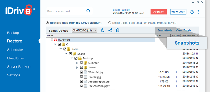 Utilize IDrive Snapshots feature to restore backed-up files