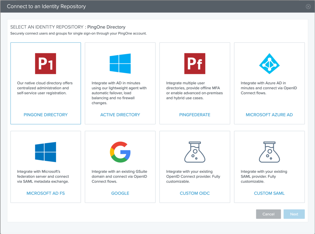 Ping Identity's repository directory selection feature screenshot.