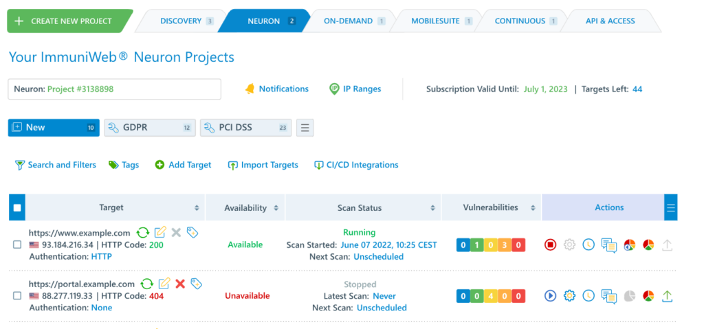ImmuniWeb API security scanning view