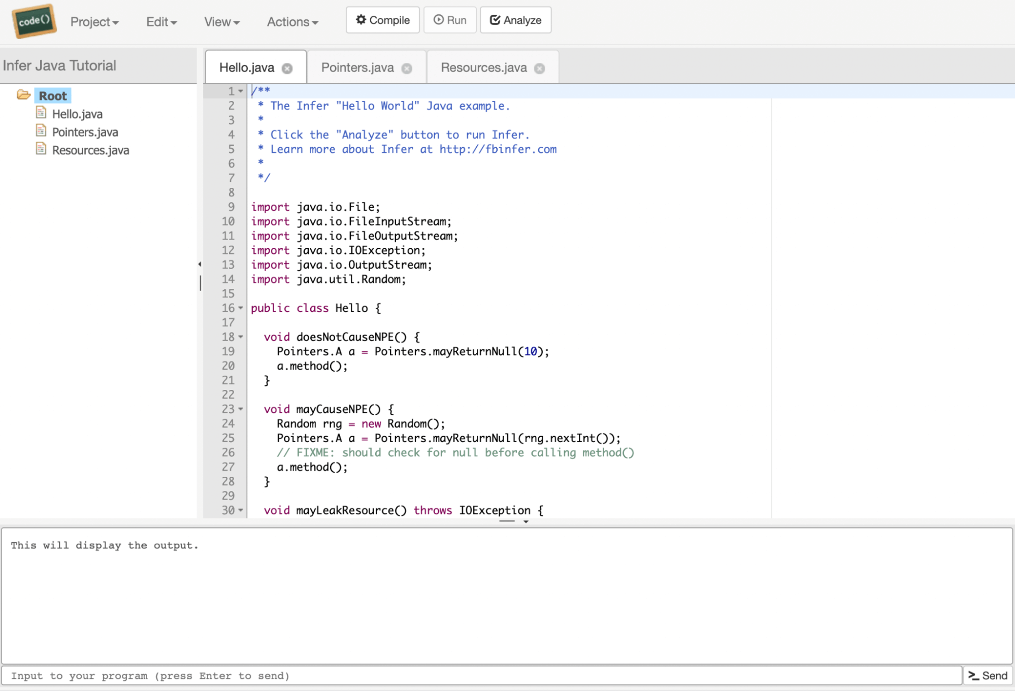 Code analysis with Infer's code editor
