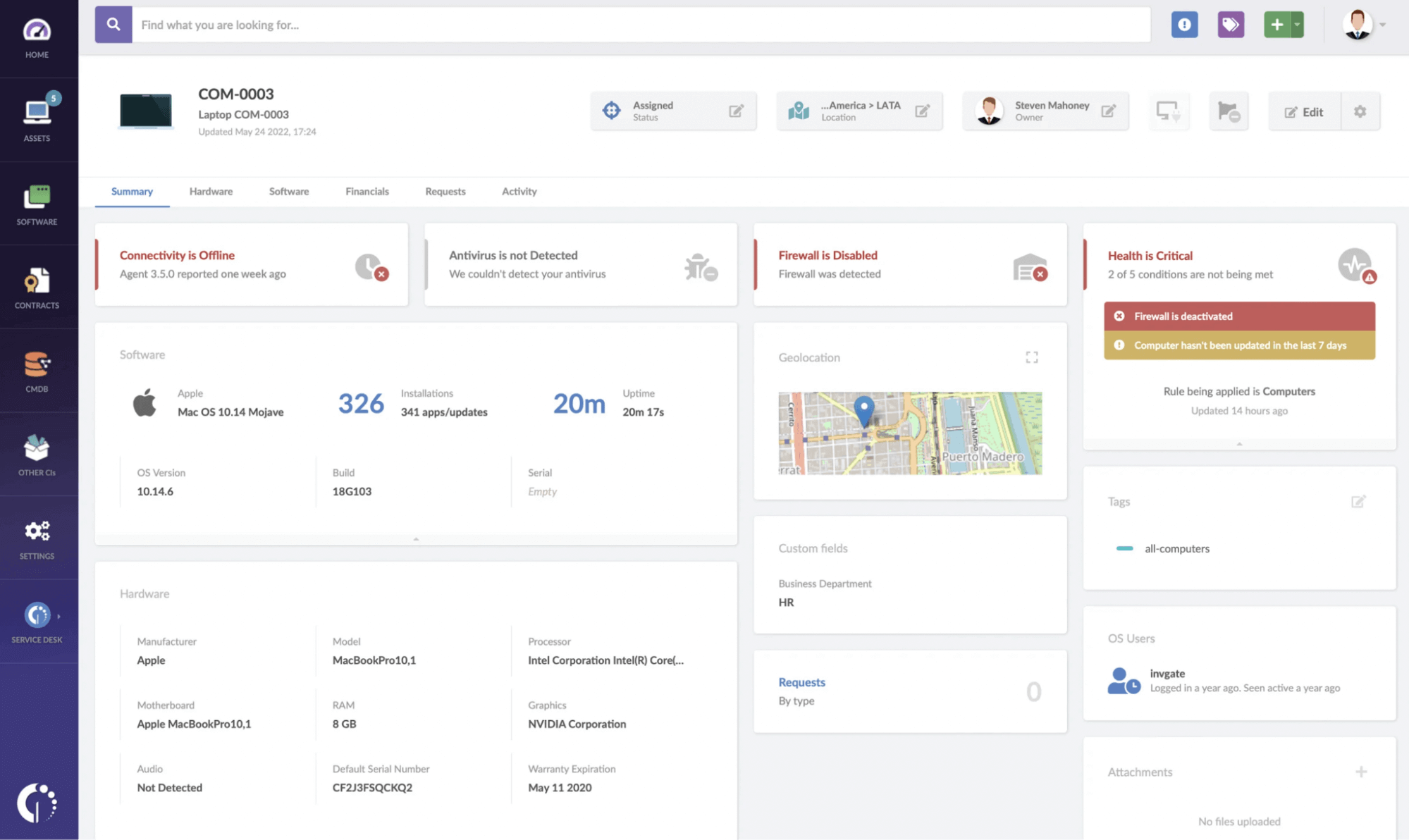 T inventory management software InvGate Assets' dashboard showing a detailed summary for a connected laptop
