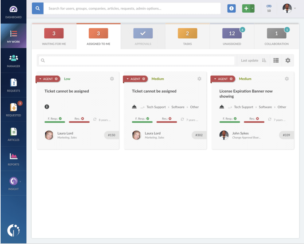 InvGate Service Desk main dashboard