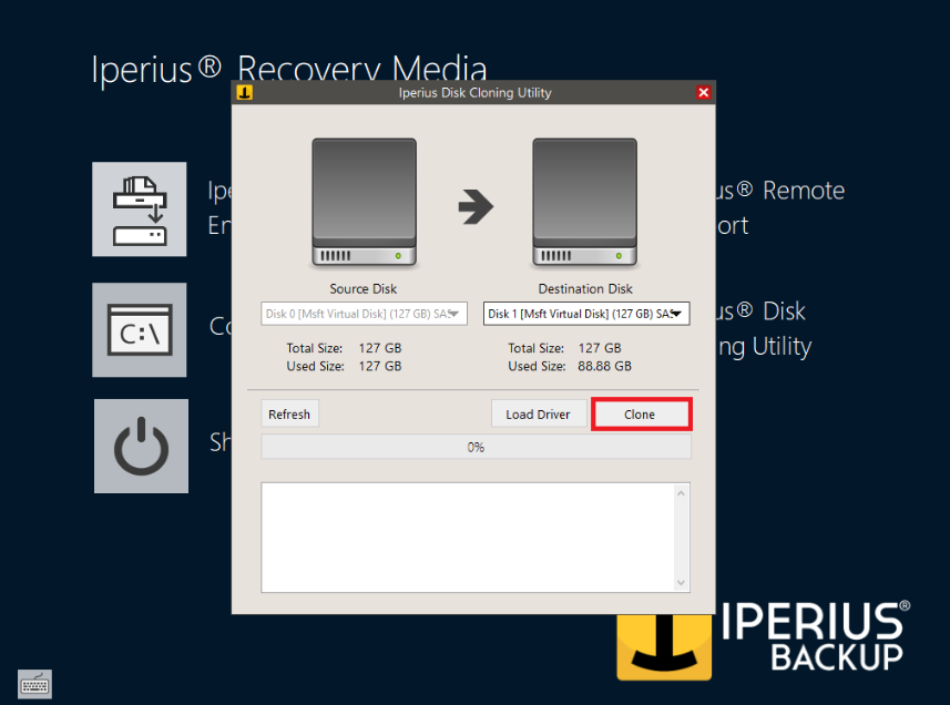 Main window in the Iperius Backup disk cloning utility