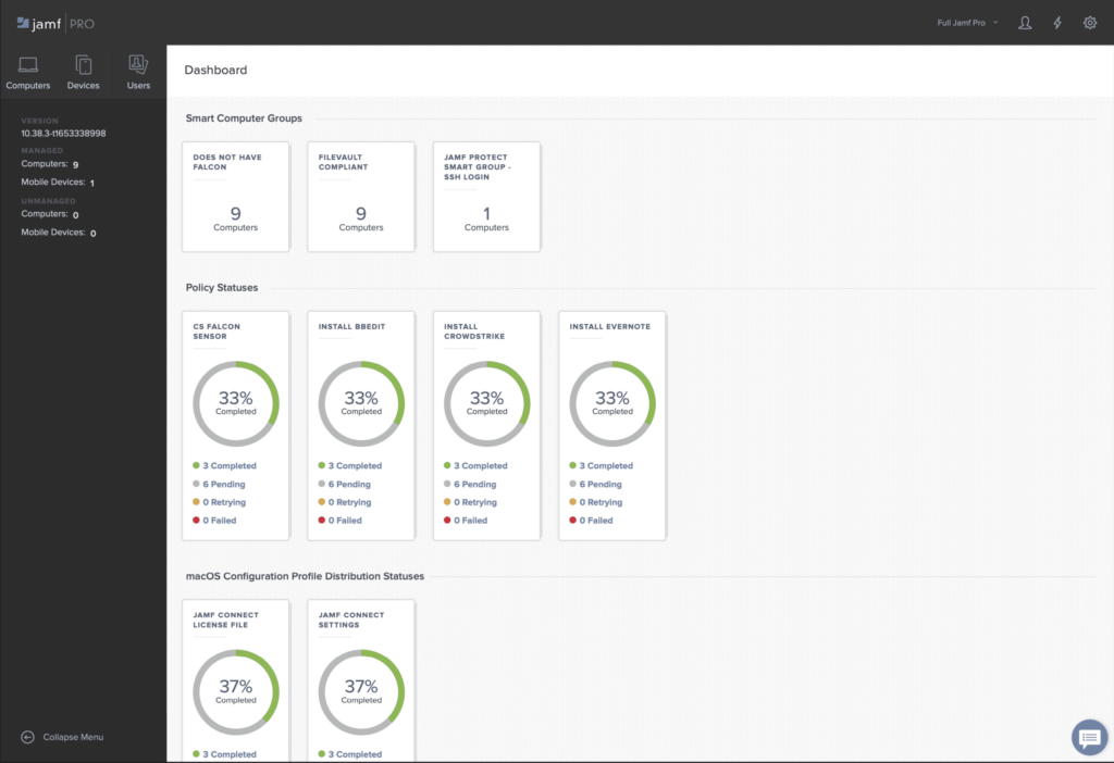 Dashboard of Jamf Pro Enterprise Mobility Management