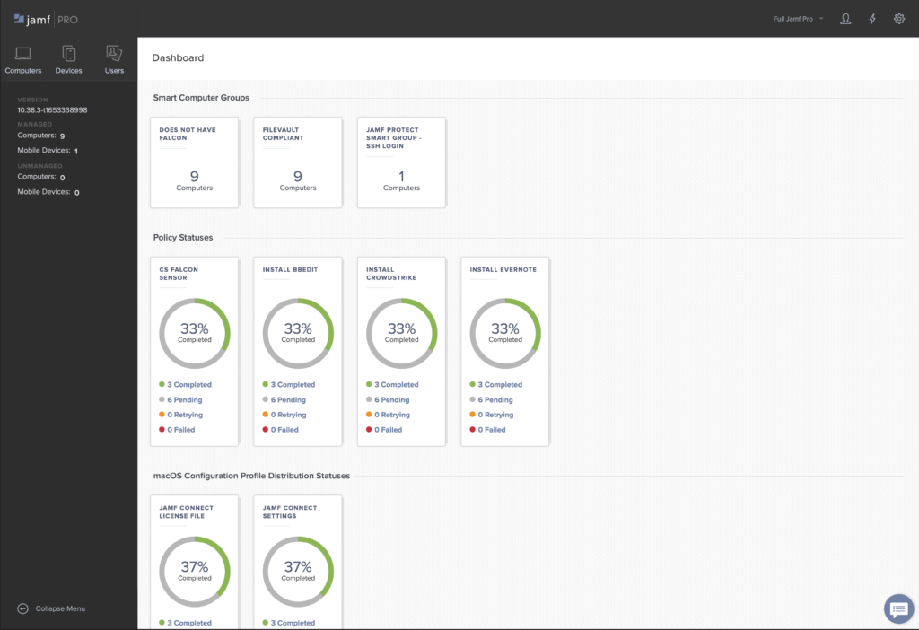 Jamf Pro mobile application management software dashboard