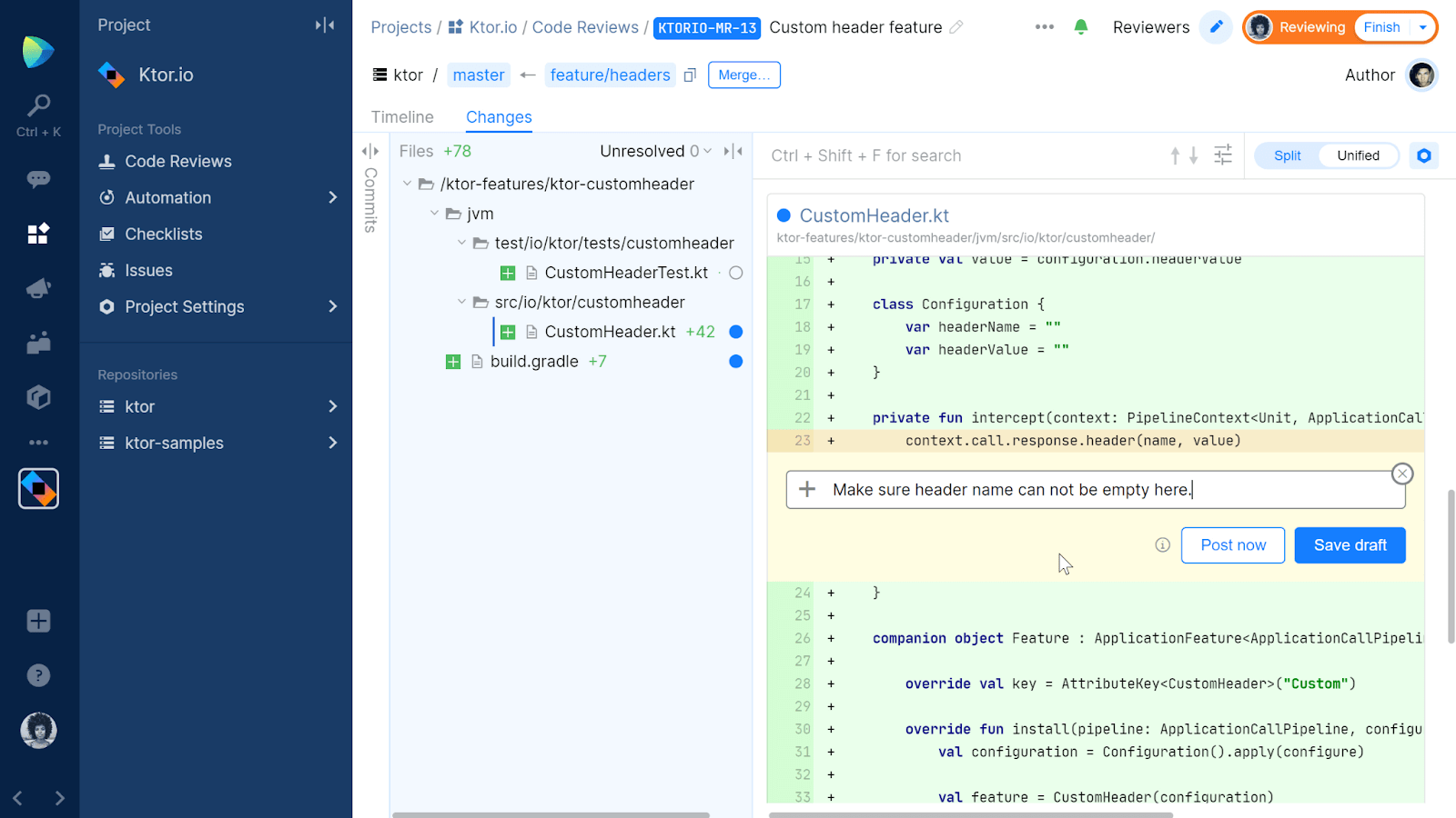 Code review tool JetBrains Space overview