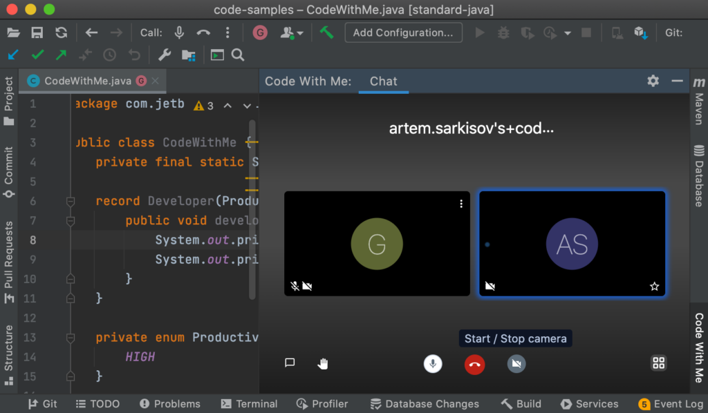 A photo of the video conferencing feature of the tool JetBrains Code With Me.